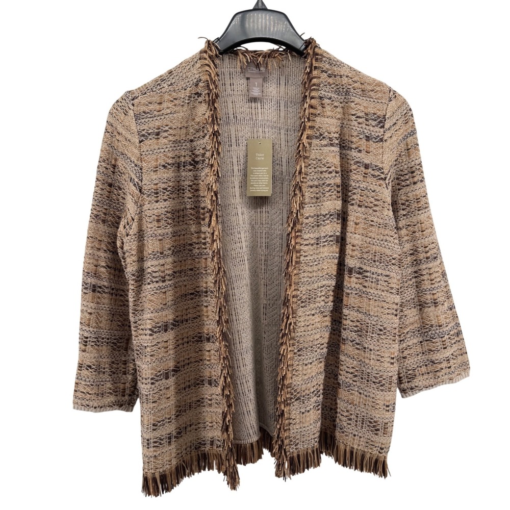NEW Chicos Lizanne Cardigan Womens 1 Medium Cardigan Cedar Brown Spacedye Fringe